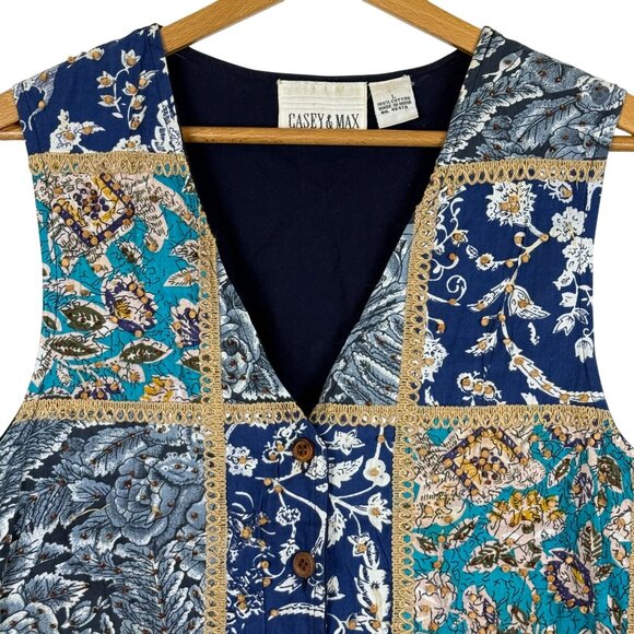 Vtg Casey & Max Button Up Patchwork Vest Sz Large Beaded Cotton Floral Blue Gold - Picture 2 of 12